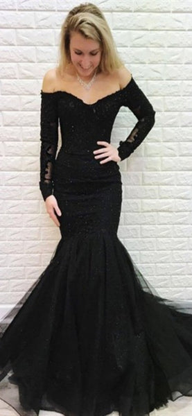 Off Shoulder Long Mermaid Prom Dresses, Lace Beaded Prom Dresses, Black Long Prom Dresses