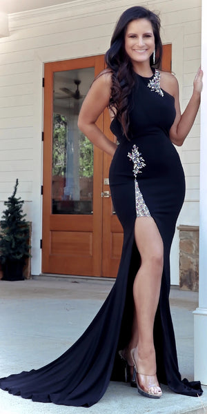 Elegant Black Jersey Rhinestone Beaded Prom Dresses, Mermaid Prom Dresses, Side Slit Prom Dresses