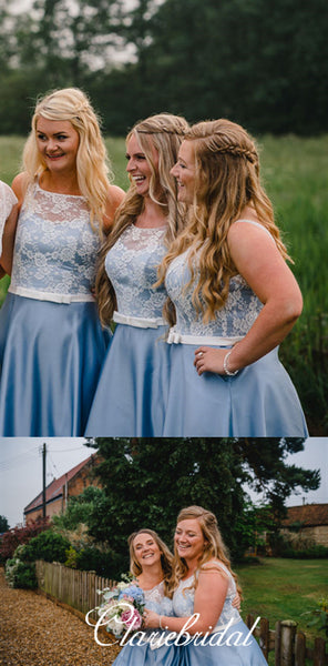 Lace Top Blue Satin Short Bridesmaid Dresses