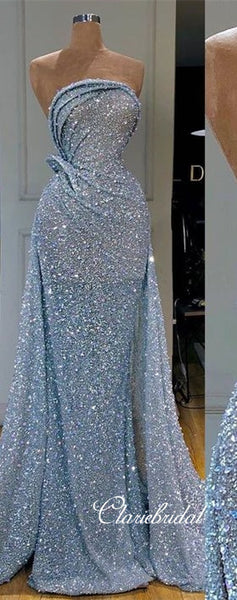 Strapless Long Mermaid Blue Sequin Prom Dresses, Sparkle Long Prom Dresses, Prom Dresses