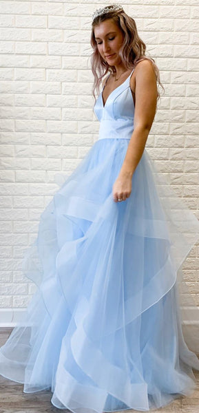 Straps Long A-line Light Blue Tulle Prom Dresses, Lovely 2020 Prom Dresses, Popular Prom Dresses