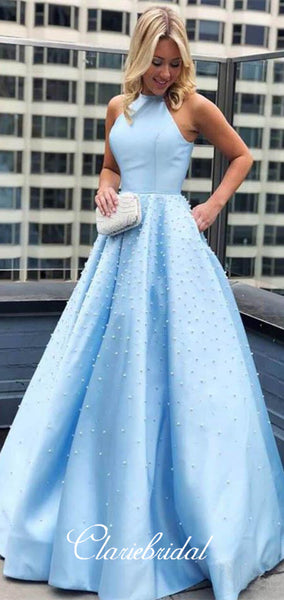 Halter Long A-line Beaded Prom Dresses With Pearls