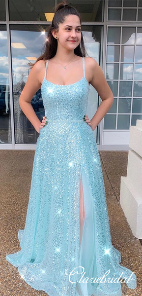 Lovley Blue Sequin Tulle Prom Dresses, Side Slit Prom Dresses, Newest Prom Dresses