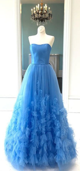 Sweetheart Long A-line Blue Tulle Ruffled Prom Dresses, Tulle Prom Dresses. Newest Prom Dresses