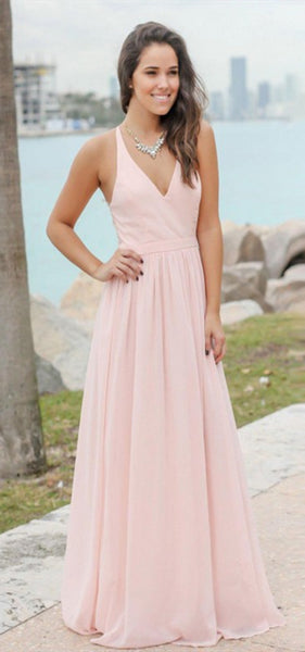 V-neck Blush Pink Chiffon Lace Bridesmaid Dresses, A-line Bridesmaid Dresses, Long Bridesmaid Dresses