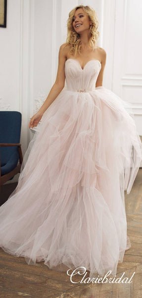 Sweetheart Blush Pink Tulle Fluffy Romantic Long Wedding Dresses