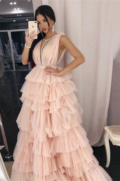 Deep V-neck Layers of Tulle Prom Dresses, Long Prom Dresses, Affordable Prom Dresses, 2021 Prom Dresses