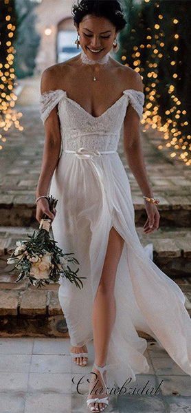 Off Shoulder Lace Top Side Slit Boho Wedding Dresses, Long Wedding Dresses