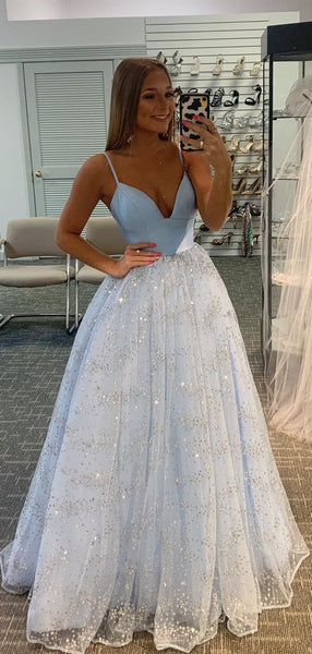 Light Blue A-line Long Prom Dresses 2021, Sequins Spaghetti Straps Evening Party Dresses