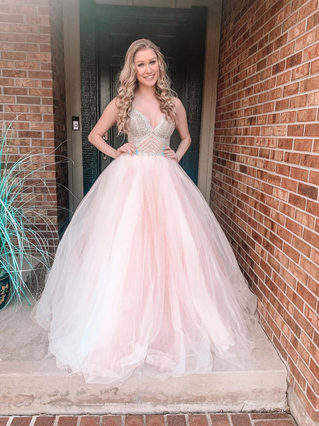 Spaghetti Straps A-line Pink Tulle Prom Dresses, Elegant Fashion 2021 Long Prom Dresses