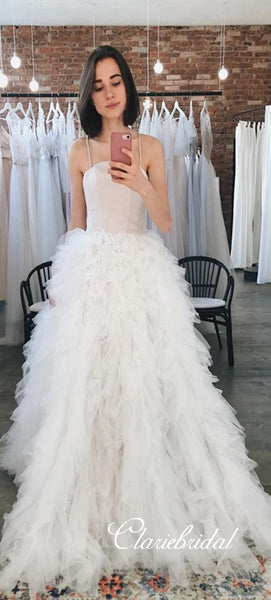 Spaghetti Long Fluffy Tulle Wedding Dresses, Romantic Long Bridal Gown, Chic Wedding Dresses