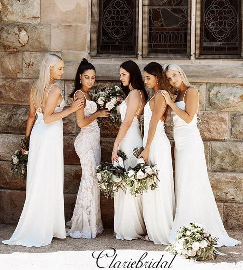 Spaghetti Long A-line Counrty Wedding Ivory Bridesmaid Dresses