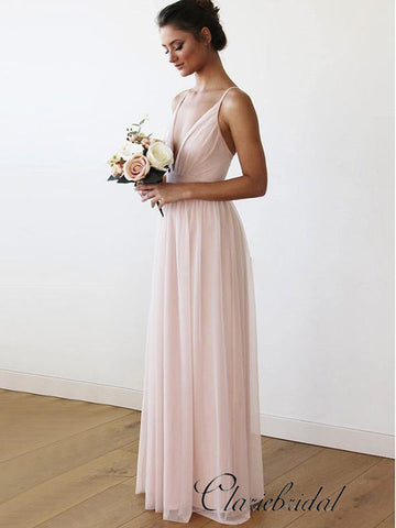 V-neck Blush Pink Chiffon Long Bridesmaid Dresses