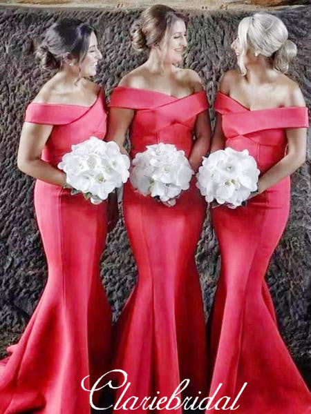 Off Shoulder Long Mermaid Satin Long Bridesmaid Dresses