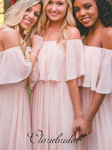 Off Shoulder Blush Pink Chiffon Long Bridesmaid Dresses