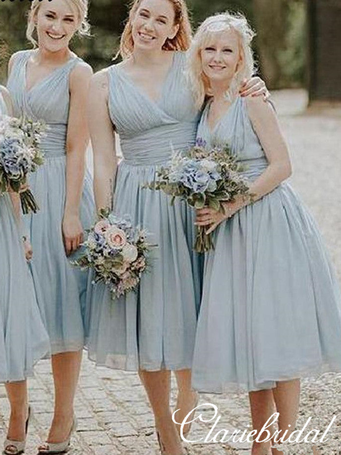 V-neck Ankle Length Light Blue Bridesmaid Dresses