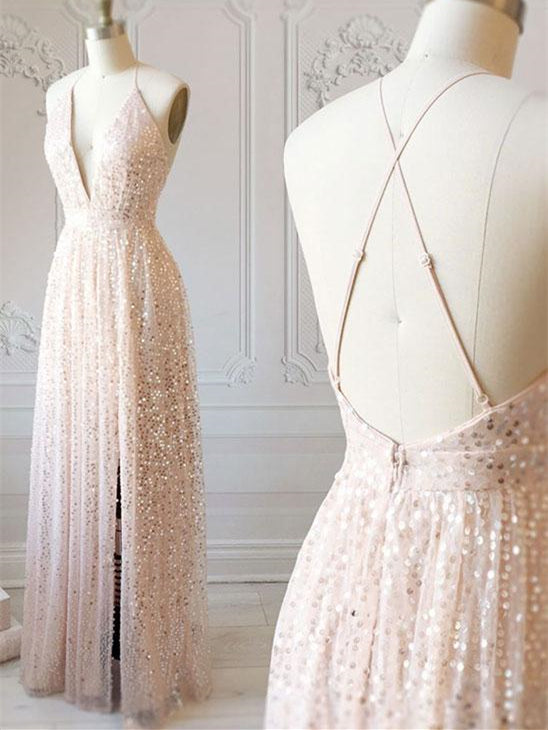 Deep V-neck Sequin Tulle Bridesmaid Dresses, Side Slit Bridesmaid Dresses