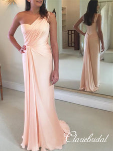 One Shoulder Peach Elastic Satin Elegant Long Bridesmaid Dresses