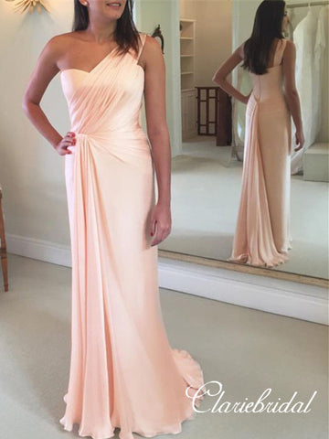 One Shoulder Peach Elastic Satin Elegant Long Bridesmaid Dresses