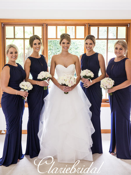 Sleeveless Navy Sheath Jersey Long Bridesmaid Dresses