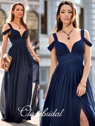 Off Shoulder A-line Navy Chiffon Long Bridesmaid Dresses