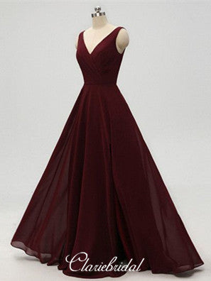 Simple V-neck Maroon Chiffon Long A-line Bridesmaid Dresses