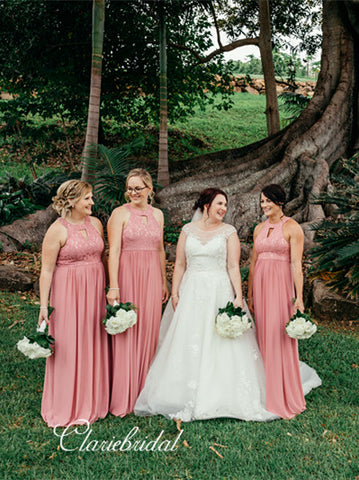 Pink Lace Top Chiffon Bridesmaid Dresses, Affordable Bridesmaid Dresses