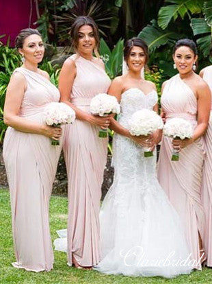 Pale Pink One Shoulder Sheath Jersey Bridesmaid Dresses