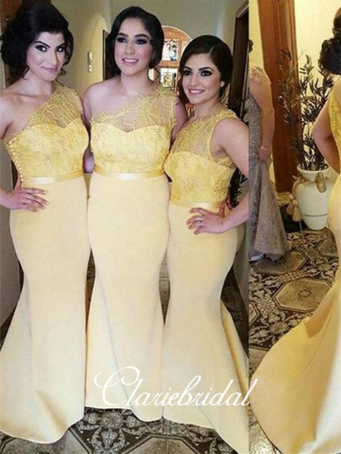 One Shoulder Lace Top Yellow Jersey Long Bridesmaid Dresses