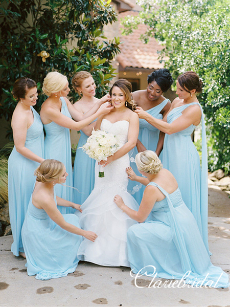 Mismatched Blue Chiffon A-line Long Bridesmaid Dresses