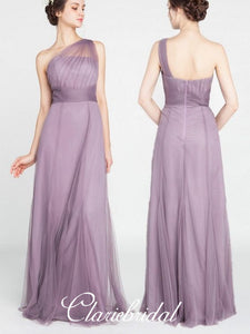 One Shoulder A-line Purple Tulle Long Bridesmaid Dresses