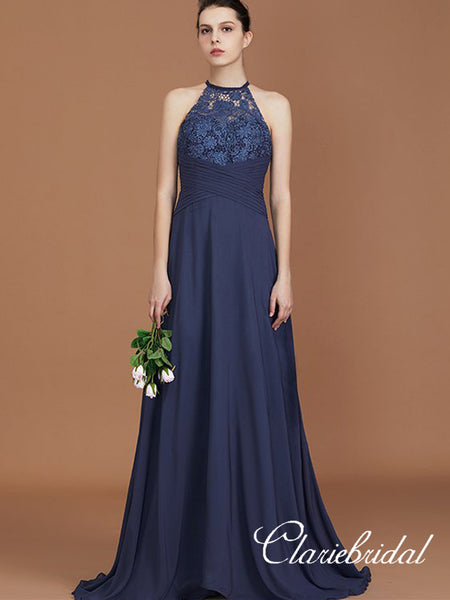 A-line Navy Chiffon Lace Long Bridesmaid Dresses