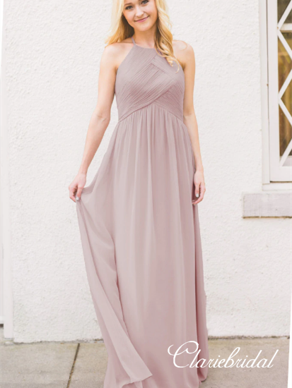 A-line Simple Design Open Back Chiffon Long Bridesmaid Dresses