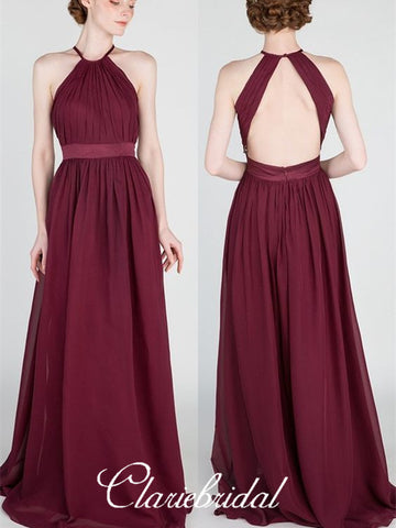 Halter Burgundy Chiffon Long A-line Bridesmaid Dresses