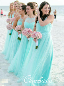 Illusion A-line Tulle Long Bridesmaid Dresses