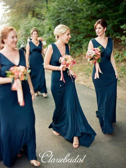 V-neck Sheath Dark Teal Long Bridesmaid Dresses