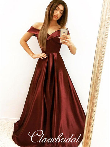 Off Shoulder Maroon Satin Prom Dresses, A-line Prom Dresses, Long Prom Dresses