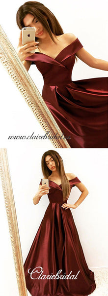 Off Shoulder Maroon Satin Prom Dresses, A-line Prom Dresses, Long Prom Dresses