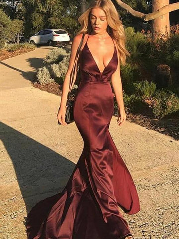 Sexy Maroon Elastic Satin Prom Dresses, Long Prom Dresses, Popular Prom Dresses