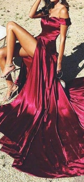 Off Shoulder High Slit Burgundy Prom Dresses, Long Prom Dresses, Popular Cheap Prom Dresses