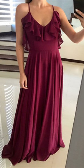 V-neck A-line Burgundy Chiffon Bridesmaid Dresses, Simple Affordable Bridesmaid Dresses