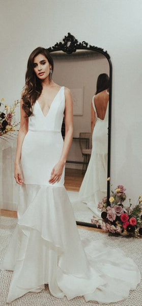 V-neck Long Mermaid Wedding Dresses, Simple Long Wedding Dresses, Newest Wedding Dresses