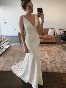 V-neck Long Mermaid Jersey Wedding Dresses, Simple Long Wedding Dresses, Simple Chic Wedding Dresses