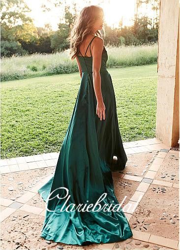 Straps V-neck Dark Teal Elastic Satin Prom Dresses, Popular Long Prom Dresses