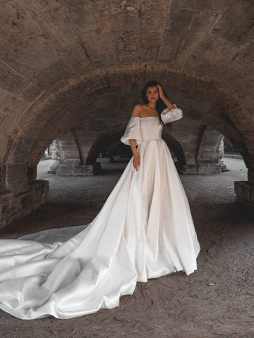 Off the Shoulder Long A-line Satin Wedding Dresses, Elegant Wedding Dresses, Long Train Wedding Dresses, Bridal Gown