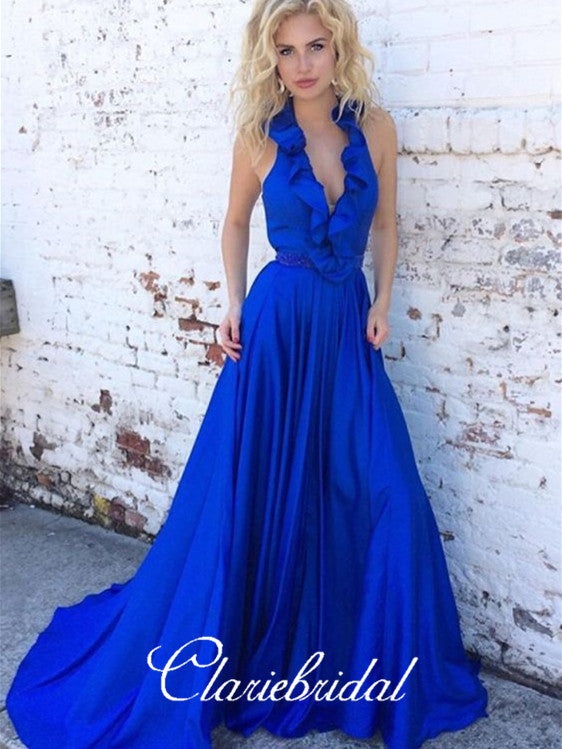 V-neck Long A-line Ruffled Royal Blue Prom Dresses, Elastic Satin Prom Dresses, Beaded Prom Dresses