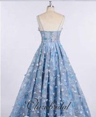 Spaghetti Long A-line Blue Floral Prom Dresses, Newest Prom Dresses, Prom Dresses
