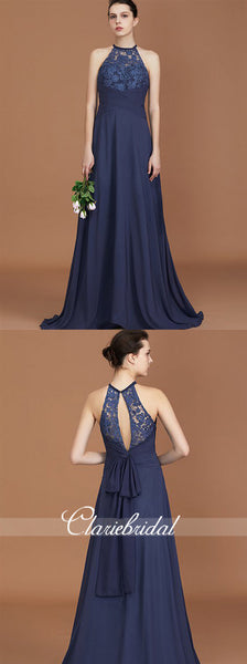 A-line Navy Chiffon Lace Long Bridesmaid Dresses