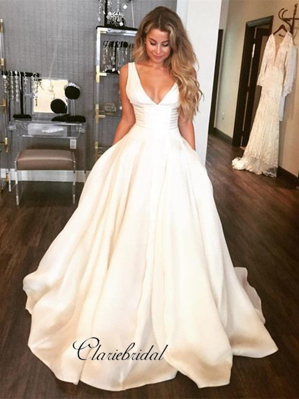 Custom Simple Design Stain A-line Wedding Dresses, Popular V-neck Wedding Dresses