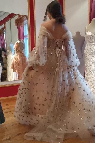 Off Shoulder Long Sleeves Star Gown, Side Slit Prom Dresses, Corset Popular Star Prom Dresses, 2023 Prom Dresses